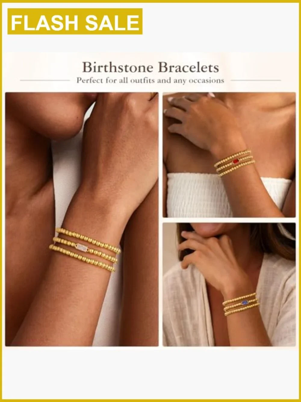 Layered Birthstone Stretch Bracelet Set Gold Plated CZ Dainty